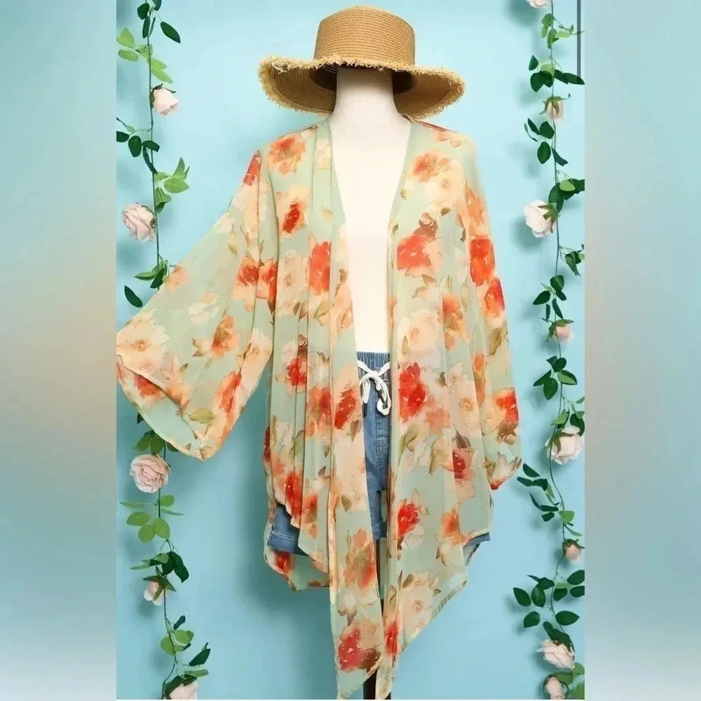 Kimono Sage Peach Floral Print Medium Large